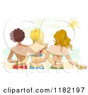 Cartoon Of A Rear View Of A Trio Of Diverse Women In Bikinis Standing On A Beach Royalty Free Vector Clipart by BNP Design Studio