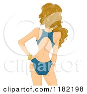 Cartoon Of A Rear View Of A Caucasian Woman In A Blue Bathing Suit Royalty Free Vector Clipart