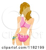 Cartoon Of A Rear View Of A Caucasian Woman In A Pink Bathing Suit Royalty Free Vector Clipart