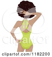 Cartoon Of A Rear View Of A Black Woman In A Green One Piece Bathing Suit Royalty Free Vector Clipart