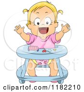 Cartoon Of A Happy Blond Toddler Girl In A Baby Walker Royalty Free Vector Clipart