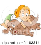 Cartoon Of A Happy Red Haired Toddler Boy Laying On A Dog Royalty Free Vector Clipart