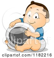 Cartoon Of A Happy Brunette Toddler Boy Hugging An Astronaut Helmet Royalty Free Vector Clipart