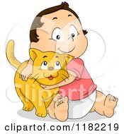 Poster, Art Print Of Happy Brunette Toddler Hugging A Ginger Cat