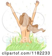 Cartoon Of A Nude Woman With Long Brunette Hair Holding Her Arms Up In A Field Royalty Free Vector Clipart by BNP Design Studio