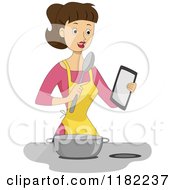 Cartoon Of A Brunette Woman Refering A To A Tablet For A Recipe Royalty Free Vector Clipart
