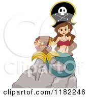Poster, Art Print Of Brunette Pirate Mermaid Sitting On A Rock With A Candy Chest