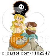 Poster, Art Print Of Blond Pirate Mermaid Sitting On A Rock With A Treasure Chest