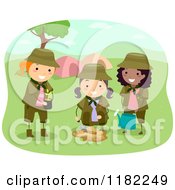 Cartoon Of Scout Girls Planting A Tree By A Camp Site Royalty Free Vector Clipart