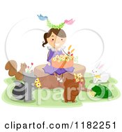 Poster, Art Print Of Animals Around A Happy Girl Sitting On A Tree Stump With A Basket Of Flowers