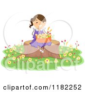 Happy Girl Sitting On A Tree Stump With A Basket Of Flowers