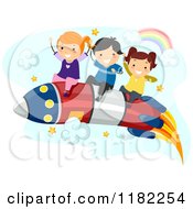 Cartoon Of Happy Children Riding A Rocket Royalty Free Vector Clipart