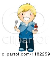 Poster, Art Print Of Happy Blond Boy Holding Strawberry Vitamin Syrup And A Spoon
