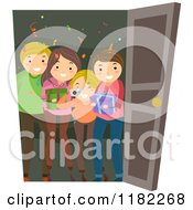 Poster, Art Print Of Happy Family At A Door With Surprise Birthday Party Gifts And A Camera