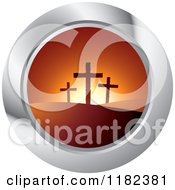 Poster, Art Print Of Three Crosses On Hills At Sunset On A Silver Icon