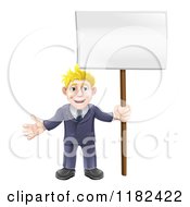 Poster, Art Print Of Happy Blond Businessman Holding A Sign