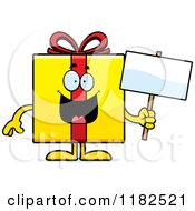 Cartoon Of A Yellow Gift Box Mascot Holding A Sign Royalty Free Vector Clipart