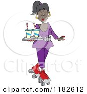 Cartoon Of A Pretty Black Roller Skating Carhop Waitress With Drinks On A Tray Royalty Free Vector Clipart