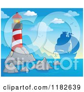 Poster, Art Print Of Shining Lighthouse And Silhouetted Pirate Ship