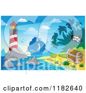 Poster, Art Print Of Shining Lighthouse Near An Island And Silhouetted Pirate Ship