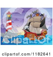 Poster, Art Print Of Shining Lighthouse And Pirate Ship At Dawn