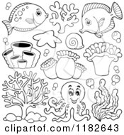 Cartoon Of Outlined Fish Sea Creatures And An Octopus Royalty Free Vector Clipart
