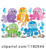 Cartoon Of Colorful Octopuses With Bubbles Royalty Free Vector Clipart