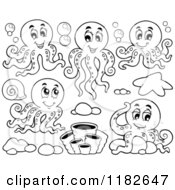 Cartoon Of Outlined Octopuses With Bubbles And Sea Items Royalty Free Vector Clipart