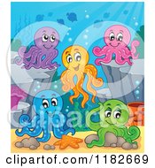 Cartoon Of Colorful Octopuses With Reef Rocks Royalty Free Vector Clipart