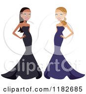 Clipart Of Beautiful Black And White Women Posing In Formal Gowns Royalty Free Vector Illustration