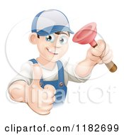 Poster, Art Print Of Happy Young Plumber Holding A Plunger And A Thumb Up
