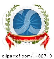 Clipart Of A White And Blue Burst Badge With Laurel Branches And A Banner Royalty Free Vector Illustration