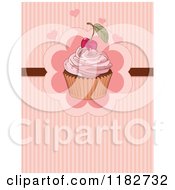 Clipart Of A Cherry Topped Cupcake And Hearts Over Stripes Royalty Free Vector Illustration