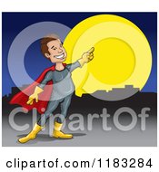Cartoon Of A Pointing Male Super Hero Against A Full Moon On A Roof Top Royalty Free Vector Clipart