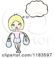 Cartoon Of A Woman Holding Two Bags Thinking Royalty Free Vector Illustration by lineartestpilot