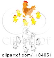 Poster, Art Print Of Colored And Outlined Mother Hen And Baby Chicks