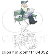 Poster, Art Print Of Colored And Outlined Happy Senior Man Reading The Newspaper On A Park Bench