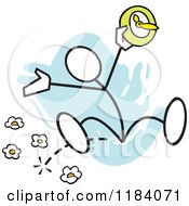 Stickler Man Jumping With A Spring Forward Clock Over Blue
