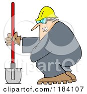 Grinning Chubby Worker Man With A Helmet Goggles And Shovel