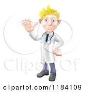 Cartoon Of A Friendly Blond Male Doctor Waving Royalty Free Vector Clipart by AtStockIllustration