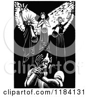 Clipart Of Retro Vintage Black And White Abraham Lincoln Under Angels Royalty Free Vector Illustration