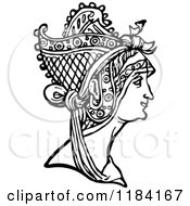 Clipart Of A Retro Vintage Black And White Medieval Woman And Headdress Royalty Free Vector Illustration