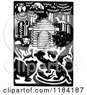 Clipart Of A Retro Vintage Black And White Cabin And Forest Creatures Royalty Free Vector Illustration