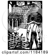 Clipart Of A Retro Vintage Black And White Man Carrying Water To A Cabin Royalty Free Vector Illustration
