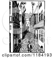 Clipart Of A Retro Vintage Black And White Horse Rider In A Medieval Alley Royalty Free Vector Illustration