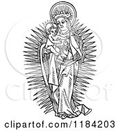 Clipart Of Retro Vintage Black And White Mary Holding Baby Jesus Royalty Free Vector Illustration