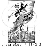 Clipart Of A Retro Vintage Black And White Flag Bearer Walking Through A Village Royalty Free Vector Illustration