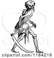 Clipart Of A Retro Vintage Black And White Skeleton Grim Reaper And Scythe Royalty Free Vector Illustration