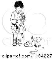Clipart Of A Retro Vintage Black And White Boy Standing Over A Teddy Bear Royalty Free Vector Illustration