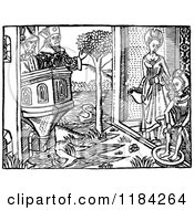 Clipart Of A Retro Vintage Black And White Medieval River Scene Royalty Free Vector Illustration